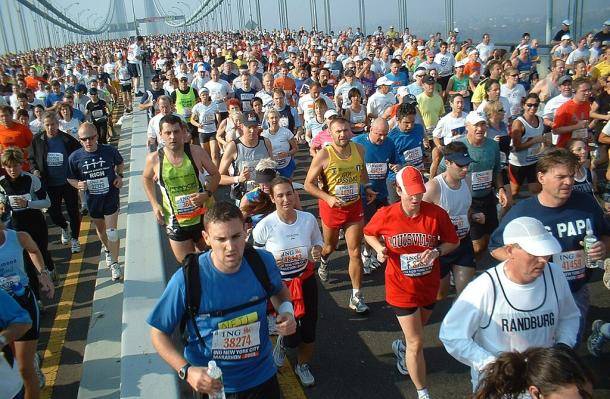 View of NYC Marathon runners on the Verrazano bridge