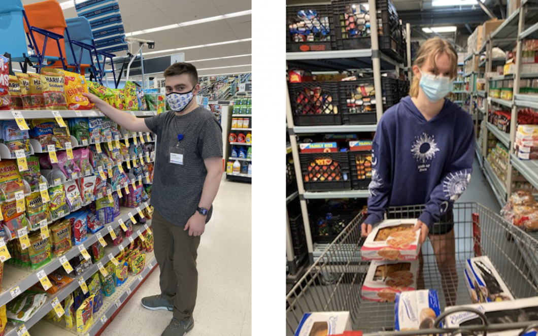 Two photos, one on left has a person stood next to grocery shelves in a store. The one on right has someone placing food into a cart. In both photos they are wearing masks.