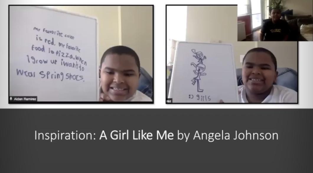 Two photos of Aiden side-by-side he's holding up a board with text on the left image and a drawing on a board on the right. A text block below says "Inspiration: A Girl Like Me by Angela Johnson"