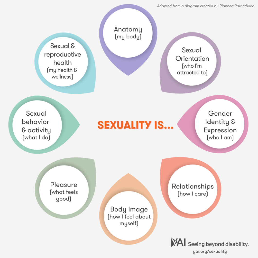 The wheel shows 8 descriptors of sexuality, all evenly distributed. Center text “Sexuality is” the 8 segments say: Anatomy (my body) Sexual Orientation (who I am attracted to) Gender Identity & Expression (who I am) Relationships (how I care) Body Image (how I feel about myself) Pleasure (what feels good) Sexual Activity (what I do) Sexual & Reproductive Health (my health and wellness). Adapted from a diagram by Planned Parenthood.