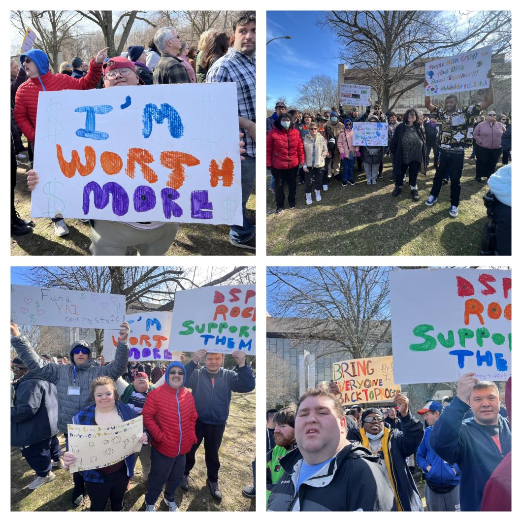 4 images of staff and people supported at YAI holding signs